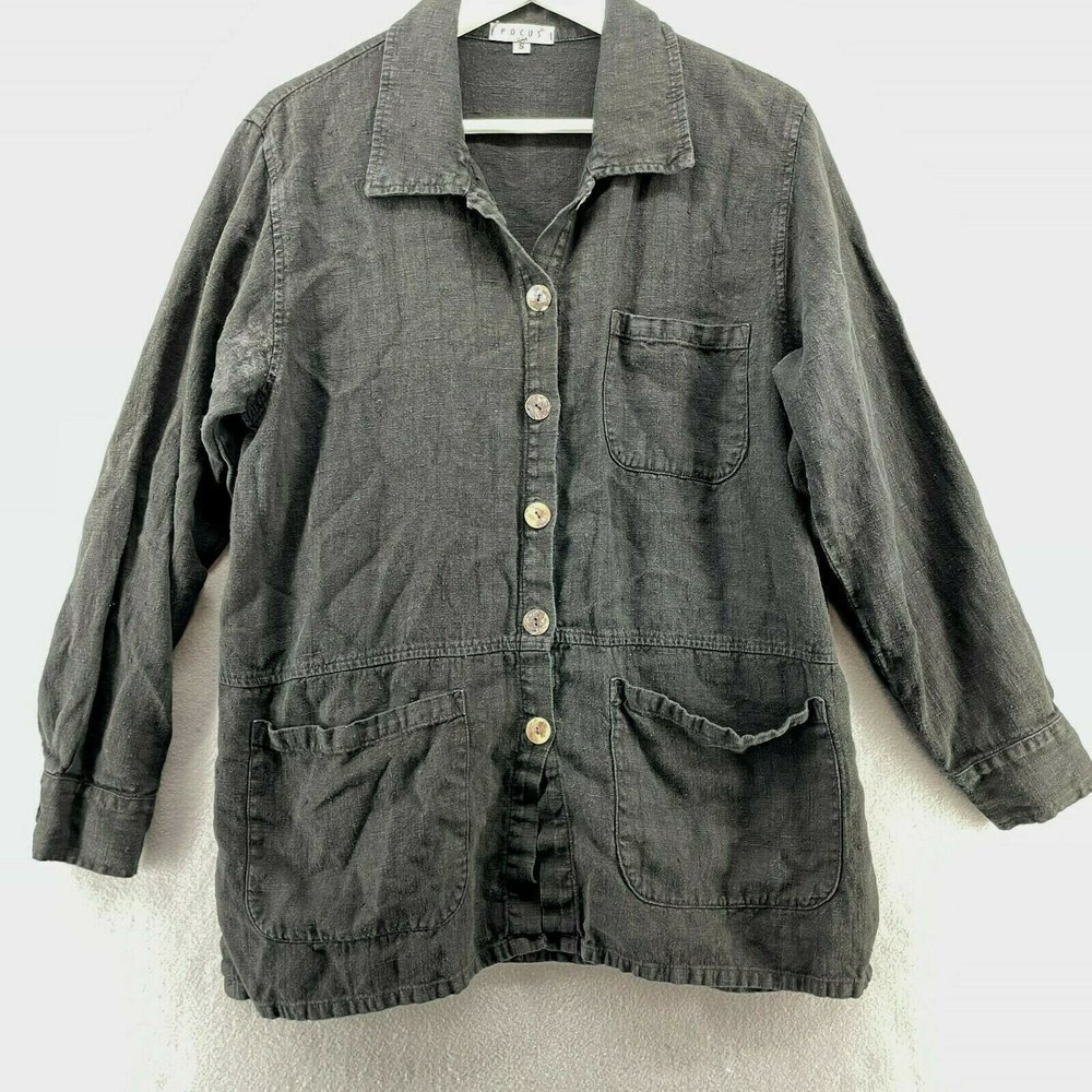 Focus 100% Linen Lagenlook Jacket Oversized Womens Small Pockets Boho Hippie